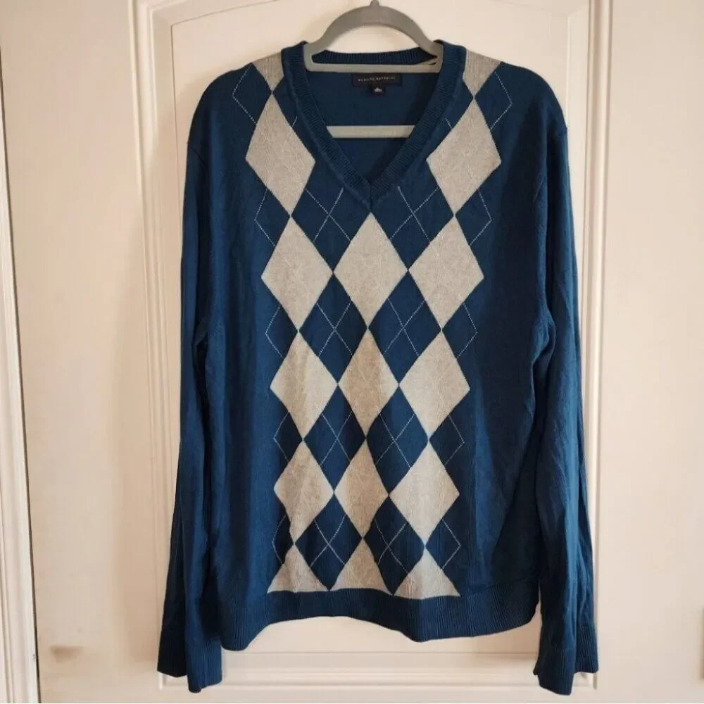 Banana Republic Lightweight Silk Blend Argyle Sweater XL Teal Gray Preppy